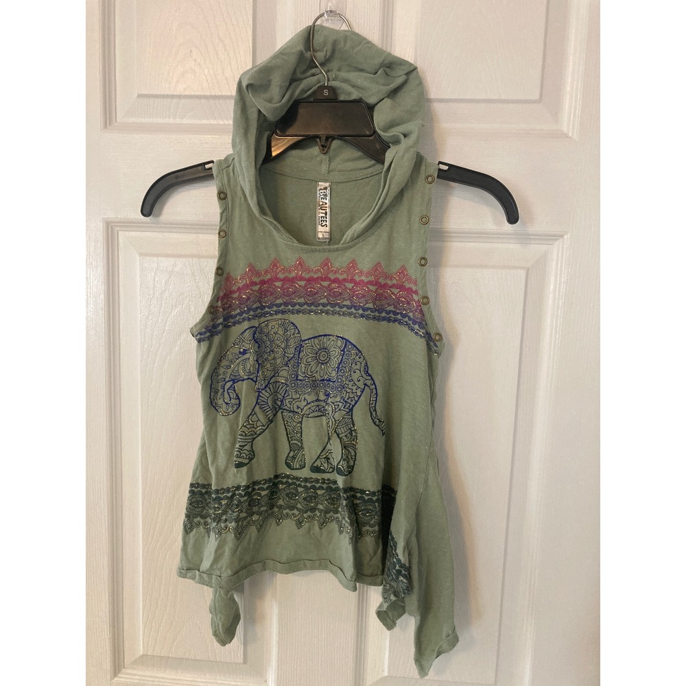 Beautees Girls L Sage Green Sleeveless Hoodie Elephant Graphic Sharkbite Hem Top